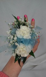 WRIST CORSAGE WITH MINI CARNATIONS from Aletha's Florist in Marietta, OH