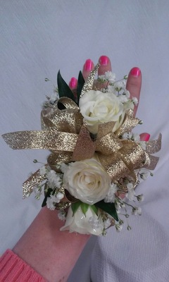 WRIST CORSAGE WHITE WITH GOLD TRIM from Aletha's Florist in Marietta, OH