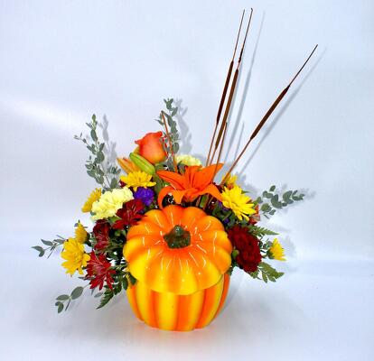 Pumpkin Bouquet with lid from Aletha's Florist in Marietta, OH