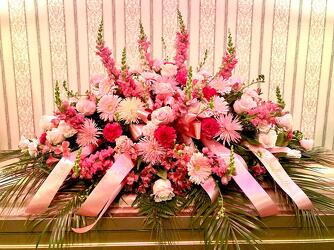 Very pink full casket spray  from Aletha's Florist in Marietta, OH